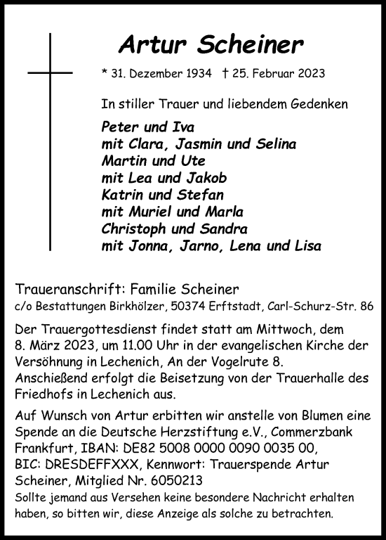 Anzeige von Artur Scheiner von Kölner Stadt-Anzeiger / Kölnische Rundschau / Express