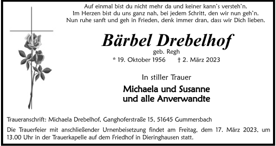 Anzeige von Bärbel Drebelhof von Kölner Stadt-Anzeiger / Kölnische Rundschau / Express