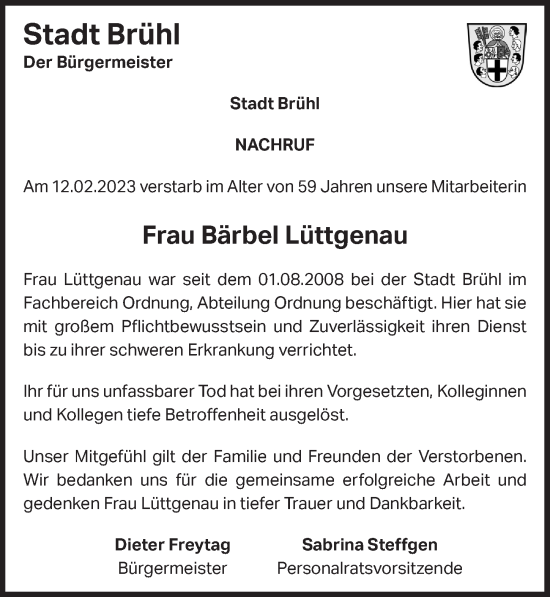 Anzeige von Bärbel Lüttgenau von  Schlossbote/Werbekurier 