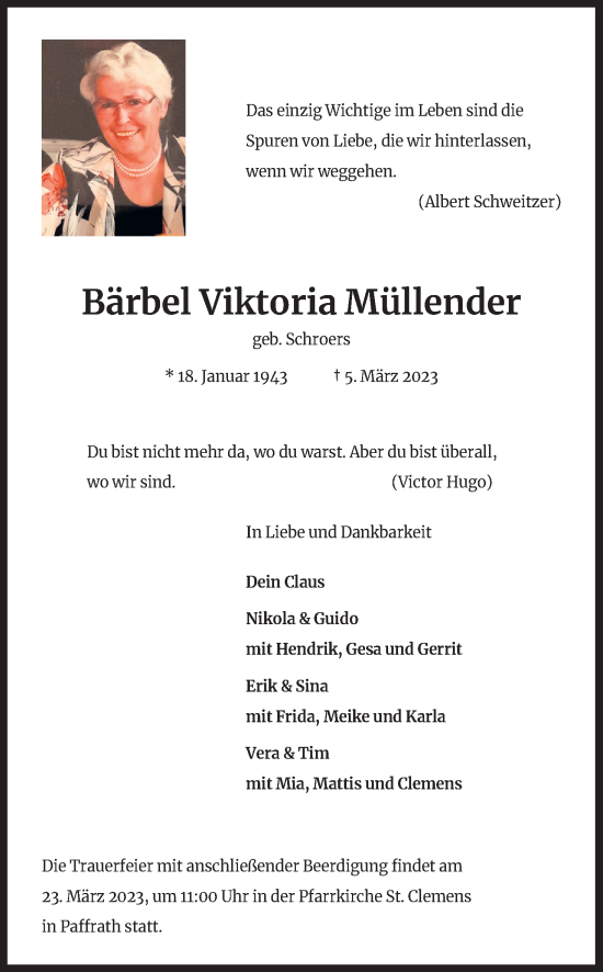 Anzeige von Bärbel Viktoria Müllender von Kölner Stadt-Anzeiger / Kölnische Rundschau / Express