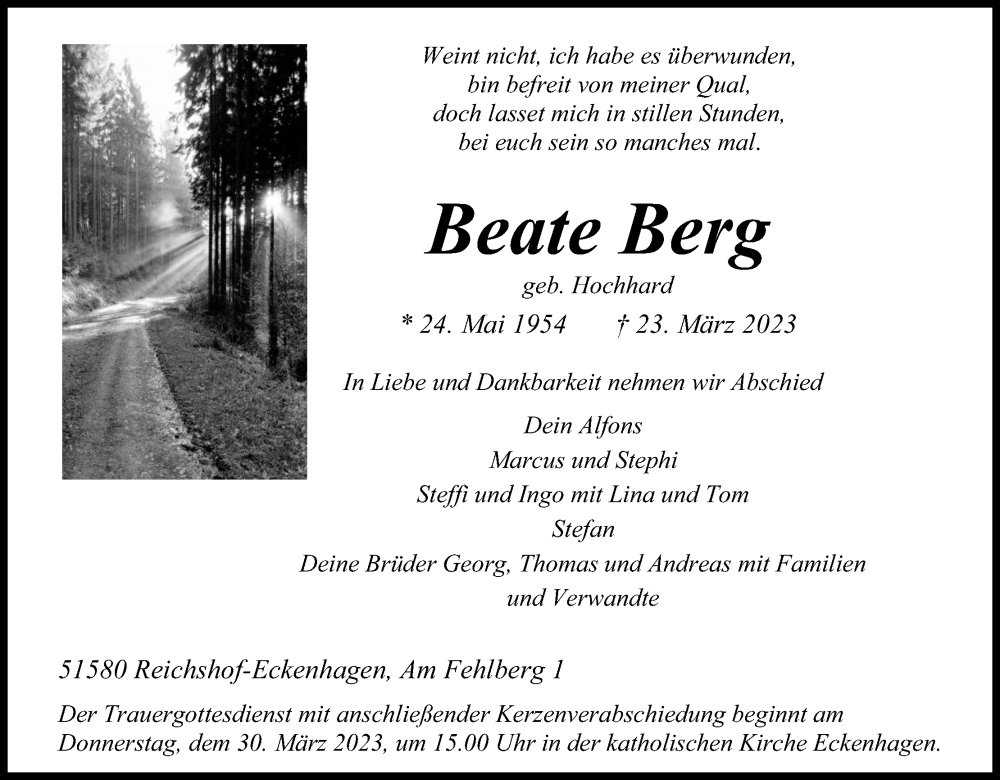  Traueranzeige für Beate Berg vom 27.03.2023 aus Kölner Stadt-Anzeiger / Kölnische Rundschau / Express