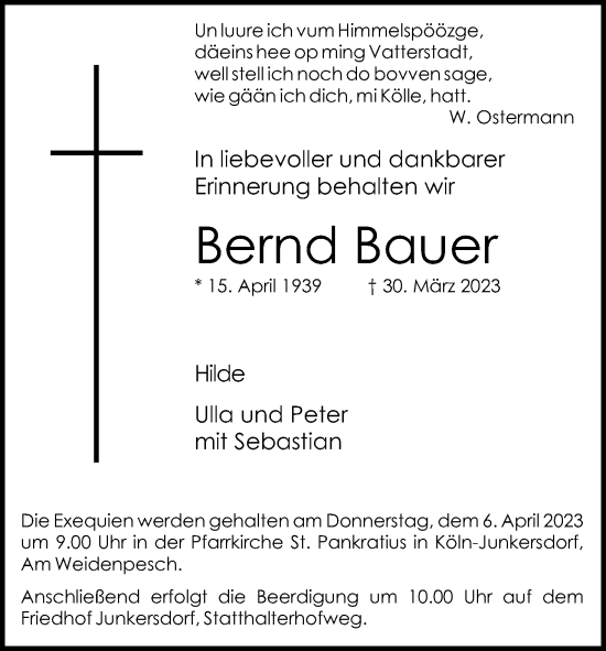 Anzeige von Bernd Bauer von Kölner Stadt-Anzeiger / Kölnische Rundschau / Express