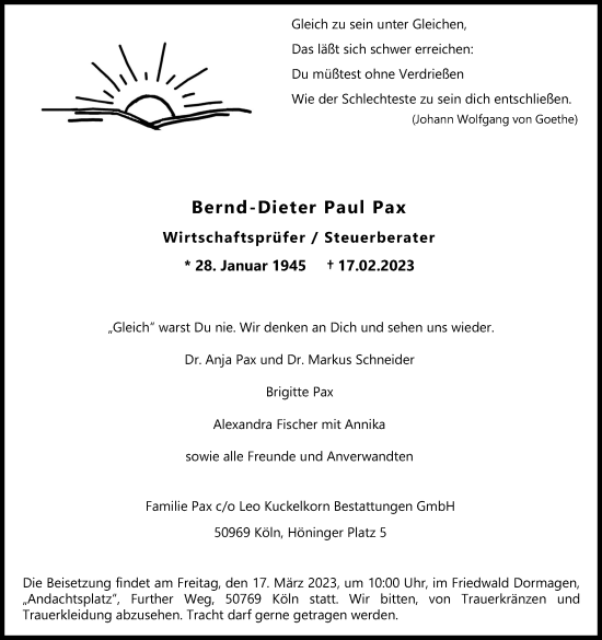 Anzeige von Bernd-Dieter Paul Pax von Kölner Stadt-Anzeiger / Kölnische Rundschau / Express