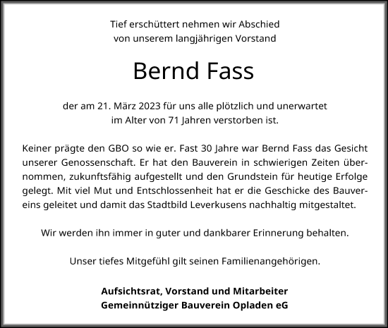 Anzeige von Bernd Fass von Kölner Stadt-Anzeiger / Kölnische Rundschau / Express