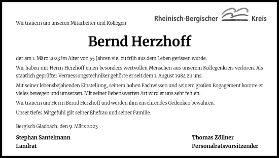 Anzeige von Bernd Herzhoff von Kölner Stadt-Anzeiger / Kölnische Rundschau / Express