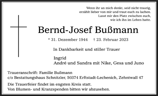 Anzeige von Bernd-Josef Bußmann von  Werbepost 