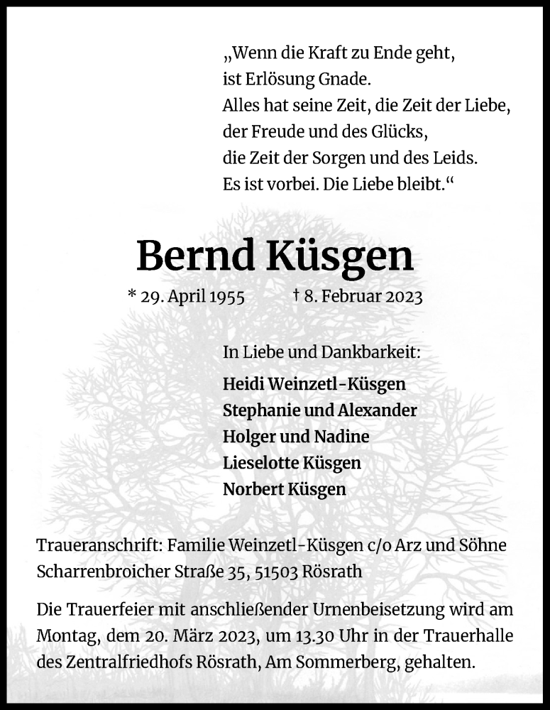  Traueranzeige für Bernd Küsgen vom 11.03.2023 aus Kölner Stadt-Anzeiger / Kölnische Rundschau / Express