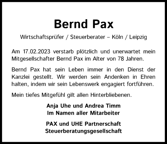 Anzeige von Bernd Pax von Kölner Stadt-Anzeiger / Kölnische Rundschau / Express