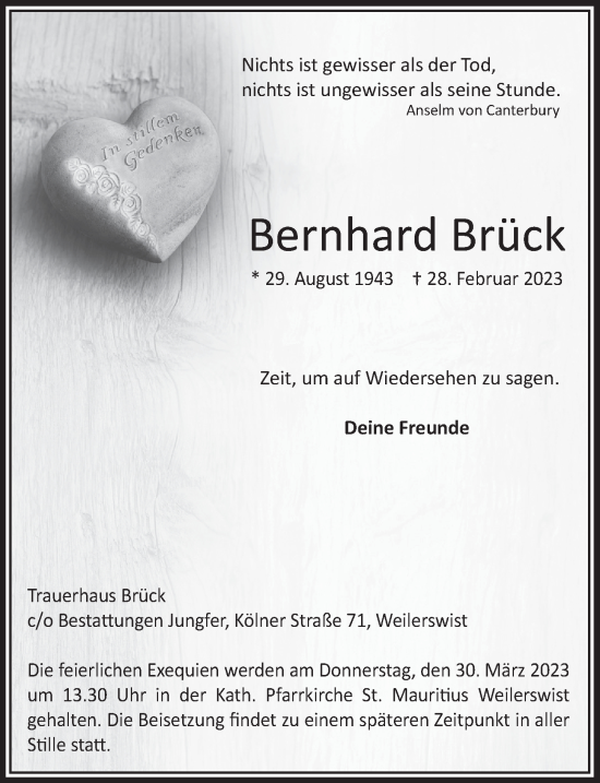Anzeige von Bernhard Brück von  Blickpunkt Euskirchen 