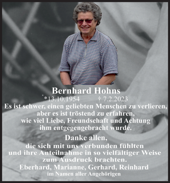 Anzeige von Bernhard Hohns von Kölner Stadt-Anzeiger / Kölnische Rundschau / Express