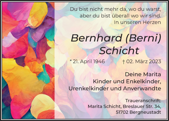 Anzeige von Bernhard Schicht von  Anzeigen Echo 