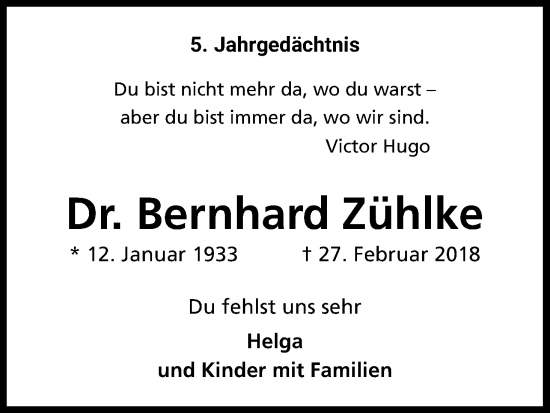 Anzeige von Bernhard Zühlke von Kölner Stadt-Anzeiger / Kölnische Rundschau / Express