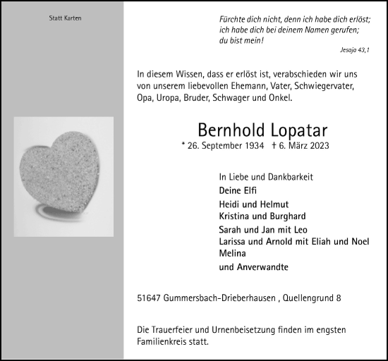Anzeige von Bernhold Lopatar von  Anzeigen Echo 