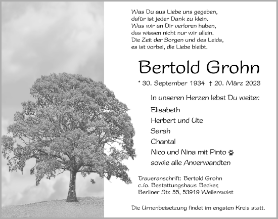 Anzeige von Bertold Grohn von  Blickpunkt Euskirchen 