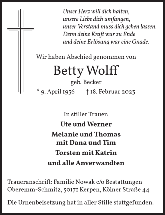 Anzeige von Betty Wolff von  Werbepost 