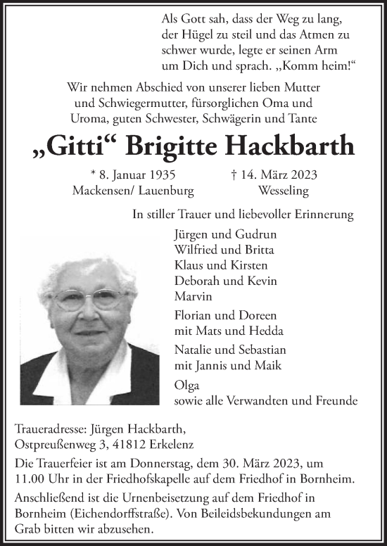 Anzeige von Brigitte Hackbarth von  Schaufenster/Blickpunkt 