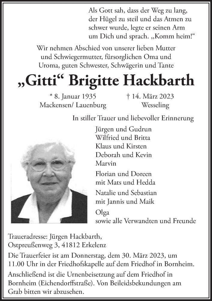  Traueranzeige für Brigitte Hackbarth vom 24.03.2023 aus  Schaufenster/Blickpunkt 