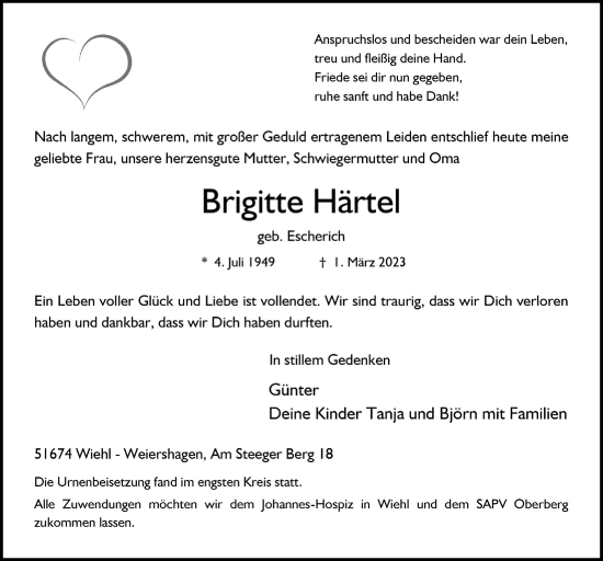 Anzeige von Brigitte Härtel von  Anzeigen Echo 