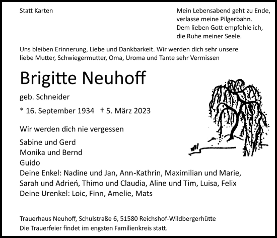 Anzeige von Brigitte Neuhoff von  Lokalanzeiger 