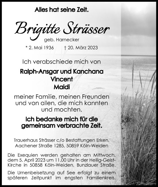Anzeige von Brigitte Strässer von Kölner Stadt-Anzeiger / Kölnische Rundschau / Express