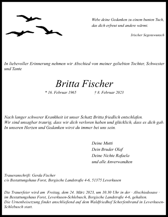 Anzeige von Britta Fischer von Kölner Stadt-Anzeiger / Kölnische Rundschau / Express
