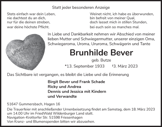 Anzeige von Brunhilde Bever von  Anzeigen Echo 