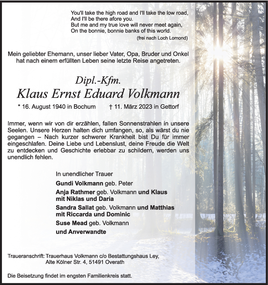  Traueranzeige für Klaus Ernst Eduard Volkmann vom 25.03.2023 aus Zeitungsgruppe Köln 