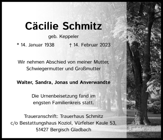Anzeige von Cäcilie Schmitz von Kölner Stadt-Anzeiger / Kölnische Rundschau / Express