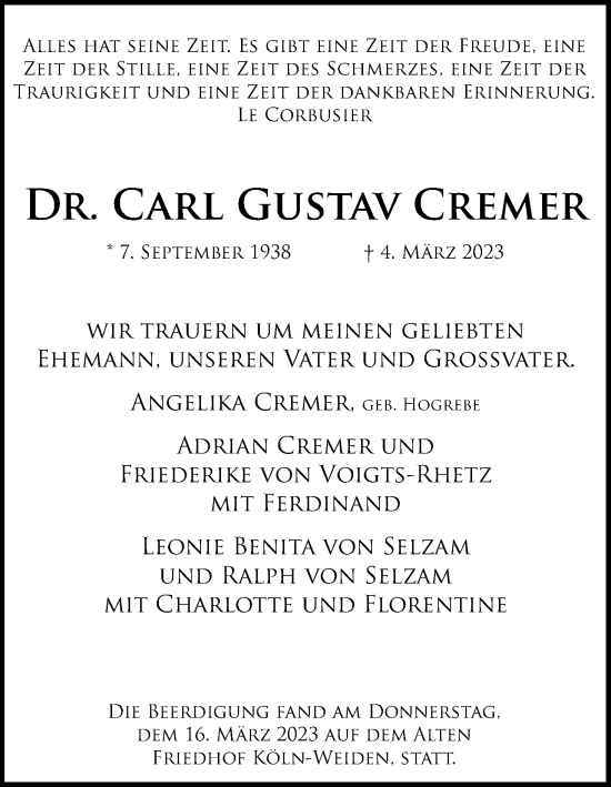 Anzeige von Carl Gustav Cremer von Kölner Stadt-Anzeiger / Kölnische Rundschau / Express