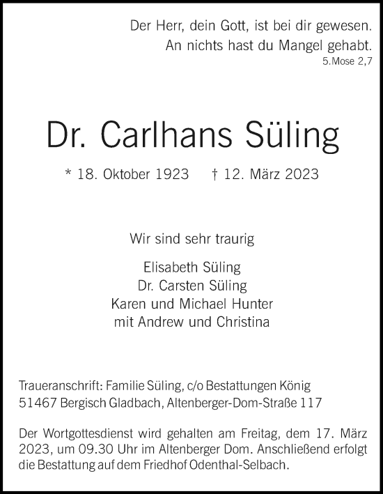 Anzeige von Carlhans Süling von Kölner Stadt-Anzeiger / Kölnische Rundschau / Express