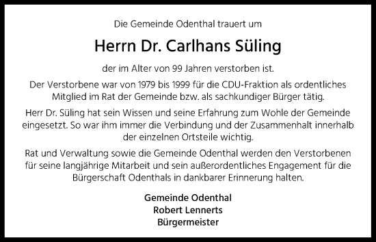 Anzeige von Carlhans Süling von Kölner Stadt-Anzeiger / Kölnische Rundschau / Express