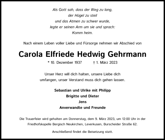 Anzeige von Carola Elfriede Hedwig Gehrmann von Kölner Stadt-Anzeiger / Kölnische Rundschau / Express