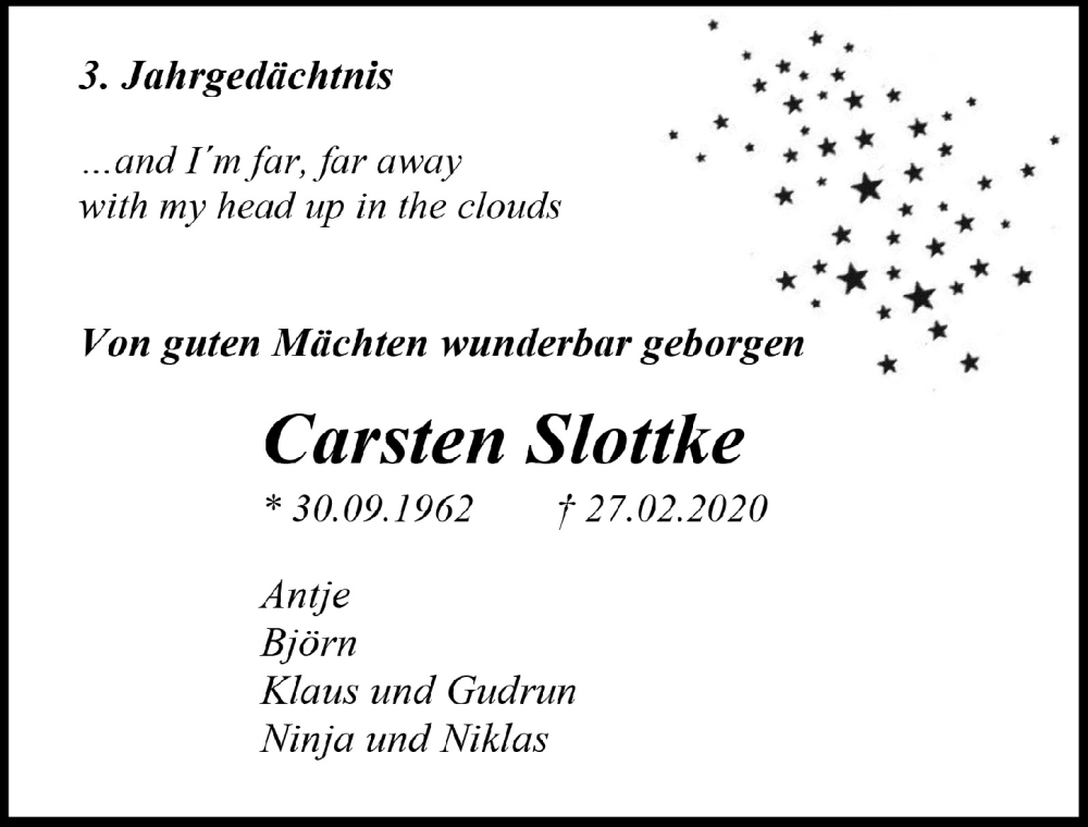  Traueranzeige für Carsten Slottke vom 18.07.2023 aus  Anzeigen Echo 