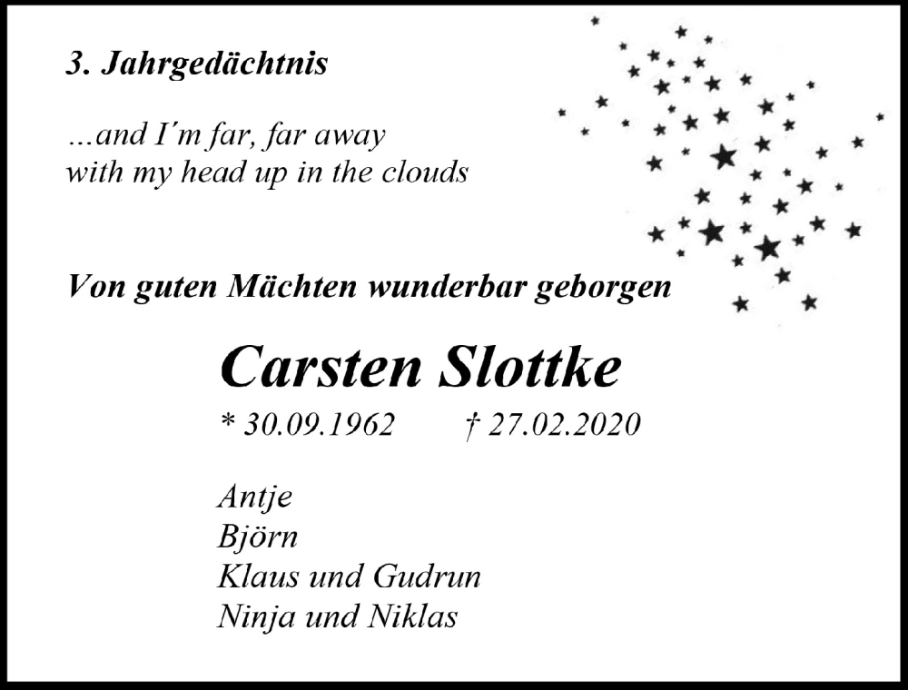  Traueranzeige für Carsten Slottke vom 03.03.2023 aus  Anzeigen Echo 