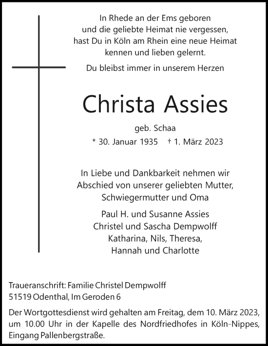Anzeige von Christa Assies von Kölner Stadt-Anzeiger / Kölnische Rundschau / Express