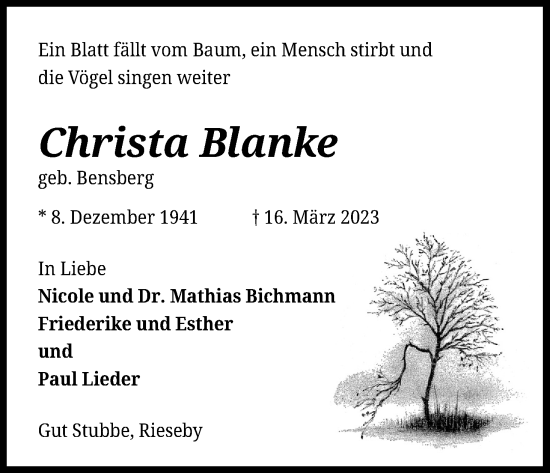 Anzeige von Christa Blanke von Kölner Stadt-Anzeiger / Kölnische Rundschau / Express