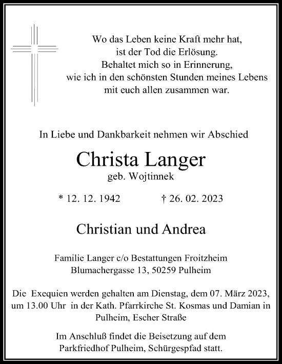 Anzeige von Christa Langer von Kölner Stadt-Anzeiger / Kölnische Rundschau / Express