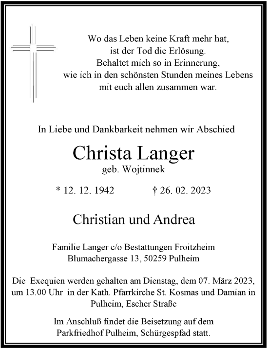 Anzeige von Christa Langer von  Wochenende 