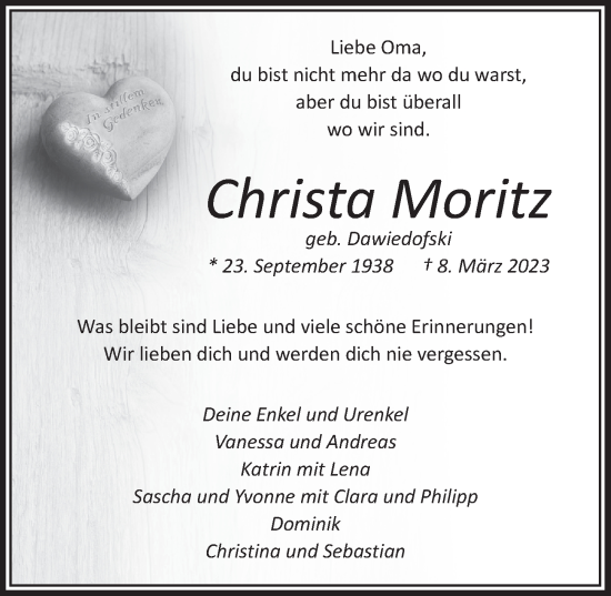 Anzeige von Christa Moritz von  Wochenende 