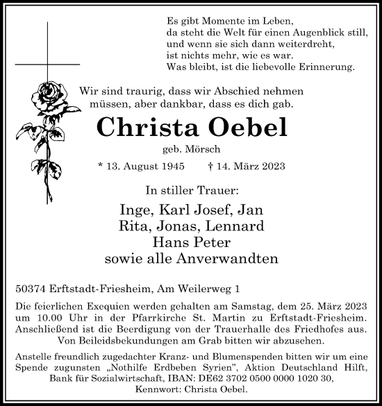 Anzeige von Christa Oebel von Kölner Stadt-Anzeiger / Kölnische Rundschau / Express