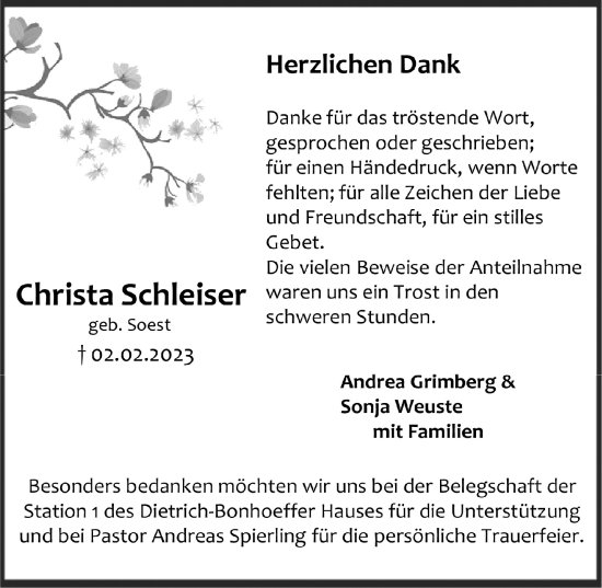 Anzeige von Christa Schleiser von  Anzeigen Echo 
