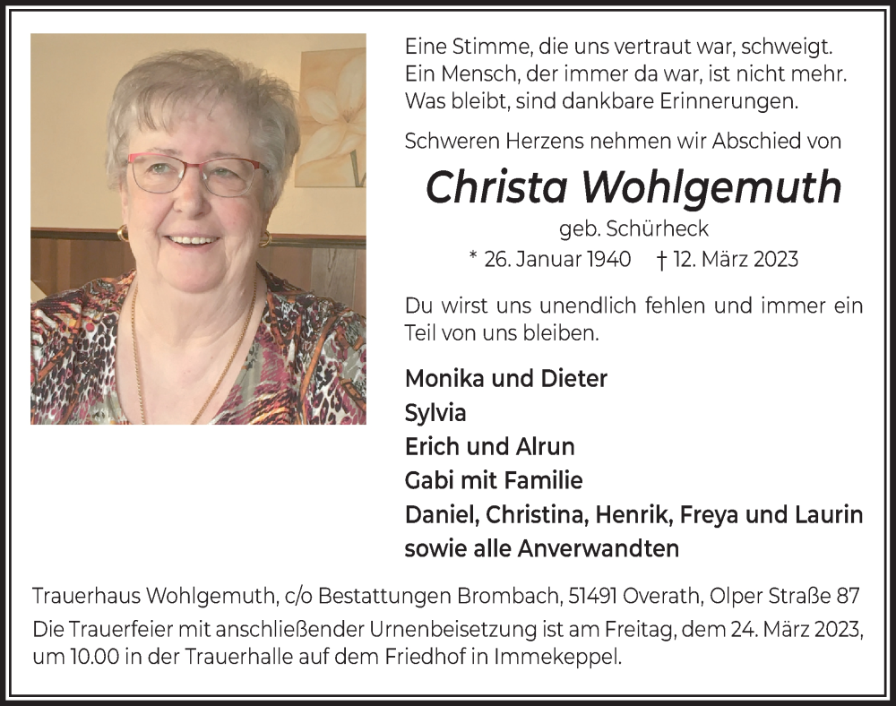  Traueranzeige für Christa Wohlgemuth vom 17.03.2023 aus  Bergisches Handelsblatt 