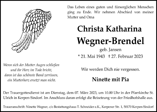 Anzeige von Christa Katharina Wegner-Brendel von  Werbepost 