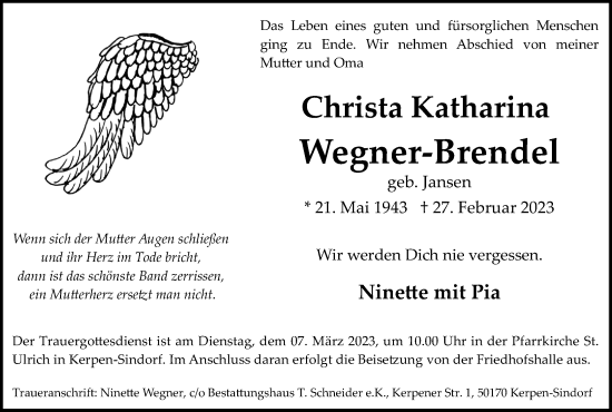 Anzeige von Christa Katharina Wegner-Brendel von Kölner Stadt-Anzeiger / Kölnische Rundschau / Express