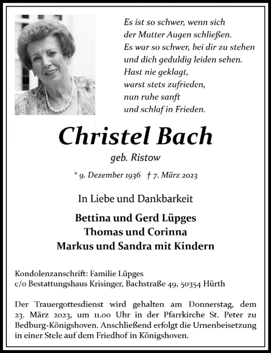 Anzeige von Christel Bach von  Werbepost 