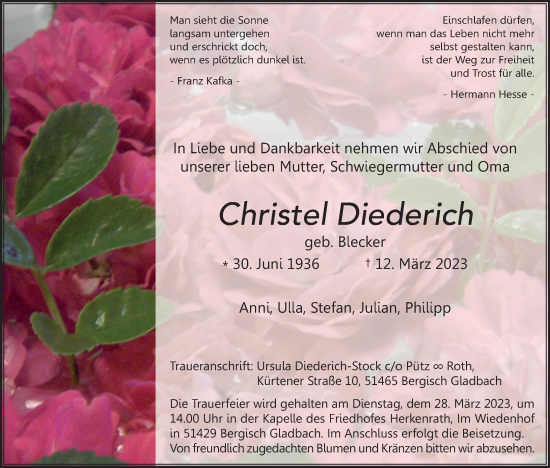 Anzeige von Christel Diederich von Kölner Stadt-Anzeiger / Kölnische Rundschau / Express