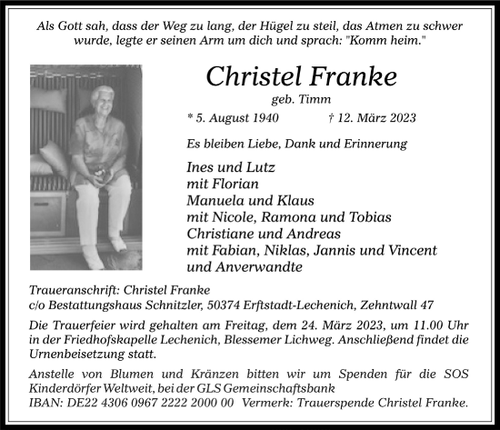 Anzeige von Christel Franke von  Werbepost 