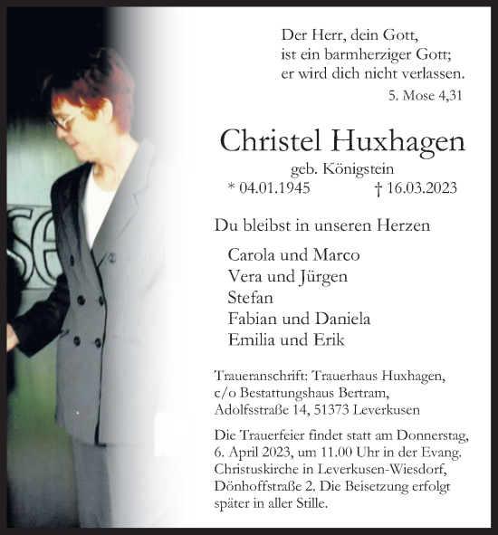 Anzeige von Christel Huxhagen von Kölner Stadt-Anzeiger / Kölnische Rundschau / Express