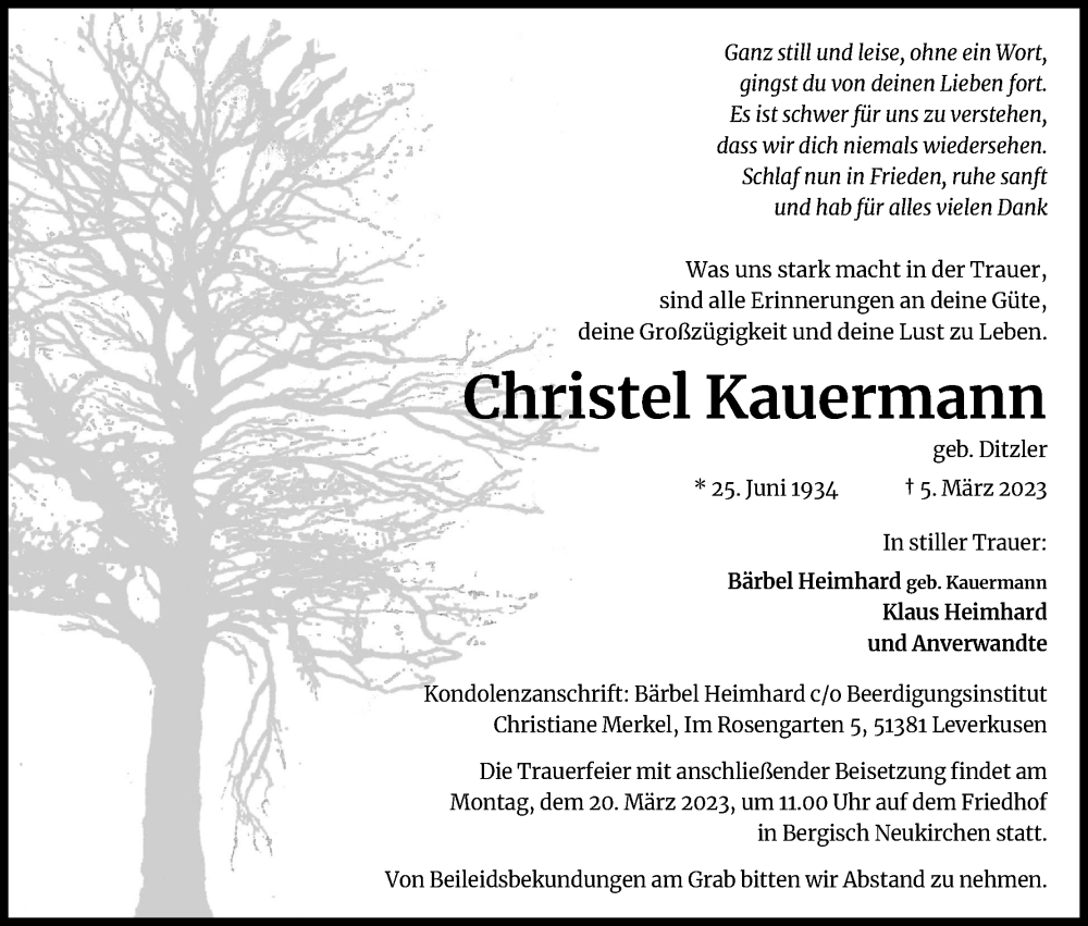  Traueranzeige für Christel Kauermann vom 11.03.2023 aus Kölner Stadt-Anzeiger / Kölnische Rundschau / Express