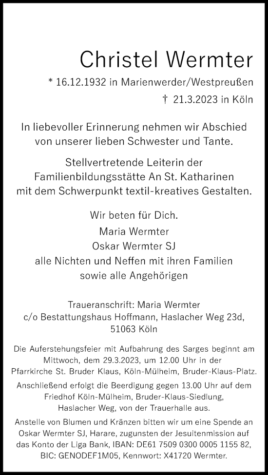 Anzeige von Christel Wermter von Kölner Stadt-Anzeiger / Kölnische Rundschau / Express